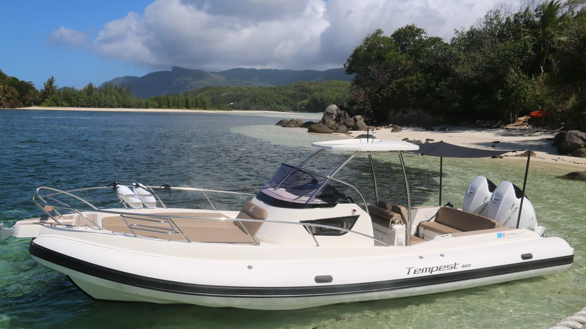 AUREA I anchored off a deserted beach, Mahé