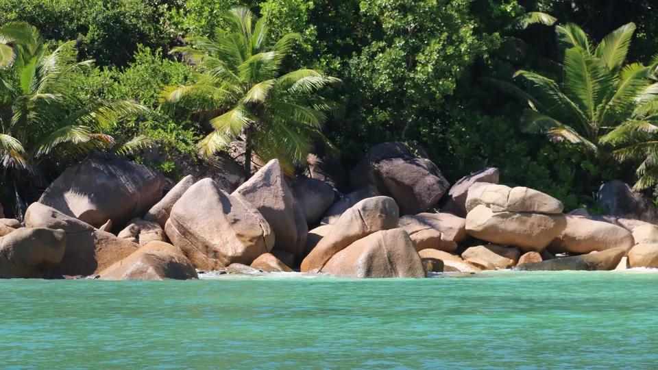 A long empty beach with the forested hills of the island behind